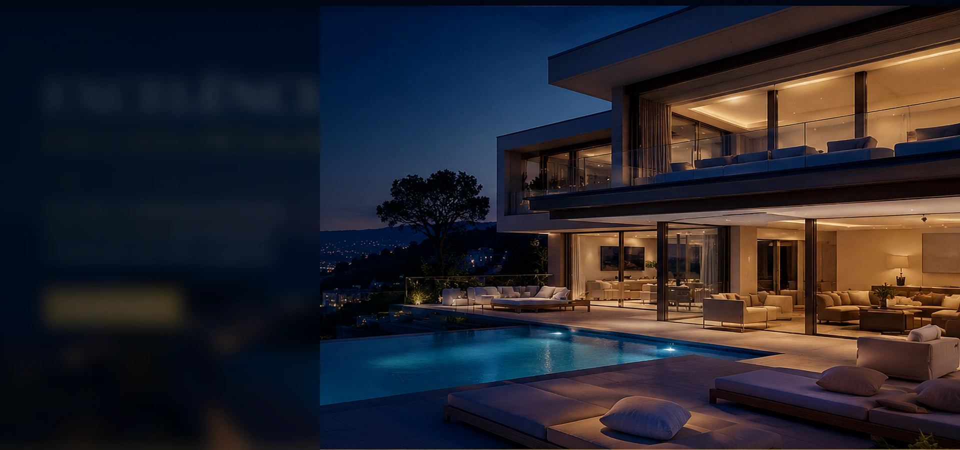 Vivenda contemporânea ao anoitecer, com piscina infinita e vista sobre a cidade